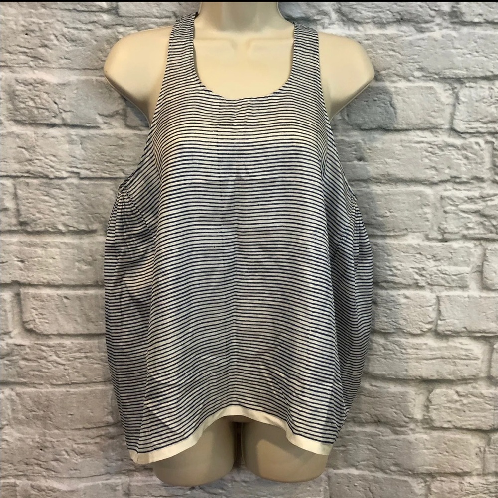 INJIRI Women's Euro 38 Blue & White Striped 100% Silk Pleated Tank Top Handmade